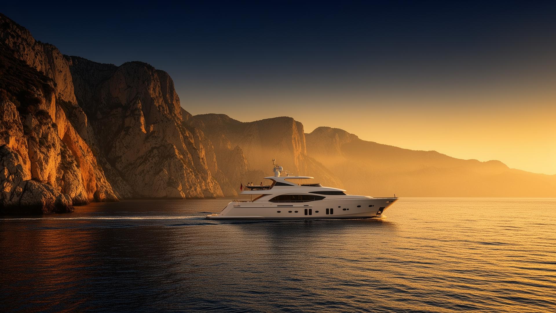 Luxury yacht at golden hour along Mediterranean cliffs